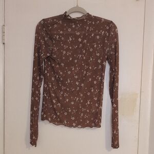 Floral Mesh Brown Long Sleeve Top